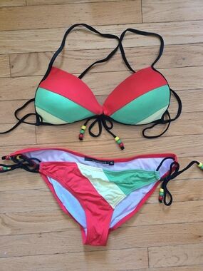 Lovesick Red, Green & Yellow Colorblock Triangle Bikini With Molded Cups